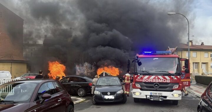 Un incendio arrasa cinco contenedores, calcina un árbol y causa daños en un coche Trobajo del Camino (León)