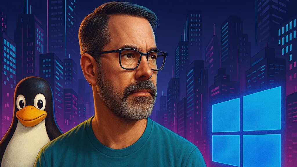 Un hombre sentado frente a una pantalla de Windows 11 con una expresión de satisfacción, con herramientas de desarrollo y juegos en la pantalla