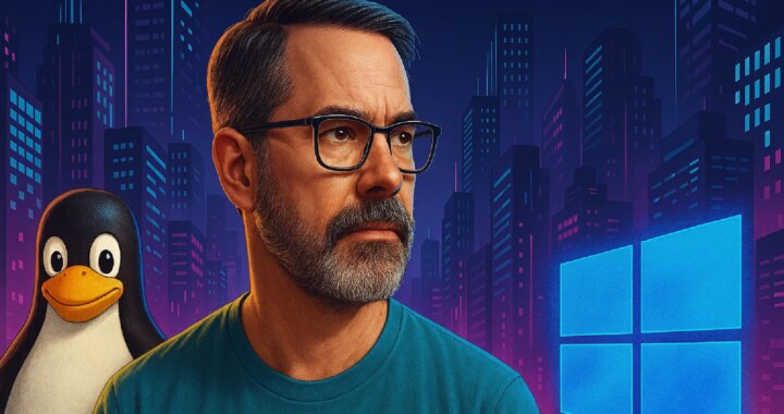Un hombre sentado frente a una pantalla de Windows 11 con una expresión de satisfacción, con herramientas de desarrollo y juegos en la pantalla