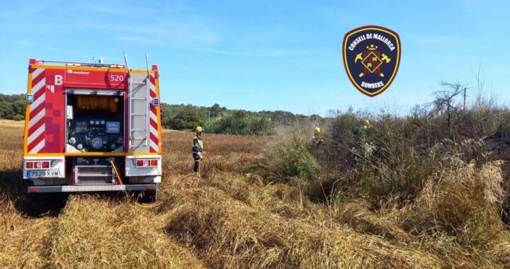 Imagen de un incendio agrícola siendo controlado por bomberos en un campo de Porreres