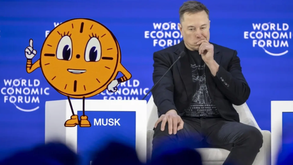 Elon Musk en una conferencia con un reloj simbolizando el 'Elon Time' y plazos incumplidos en Tesla y SpaceX