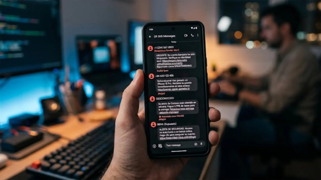 Imagen de un teléfono móvil recibiendo un mensaje de texto sospechoso