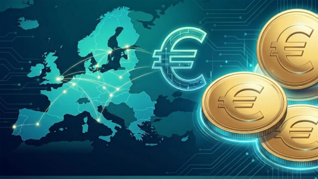 Una persona sosteniendo un teléfono móvil con un monedero digital en la pantalla, con un fondo de la bandera europea