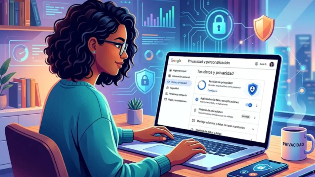 Interfaz de ajustes de privacidad de Google con opciones predeterminadas que favorecen la recolección de datos
