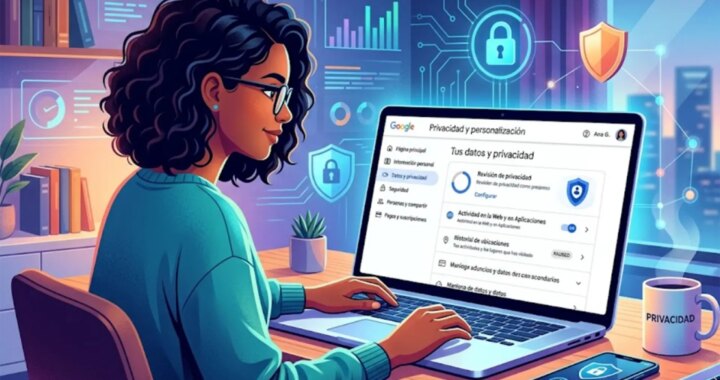 Interfaz de ajustes de privacidad de Google con opciones predeterminadas que favorecen la recolección de datos