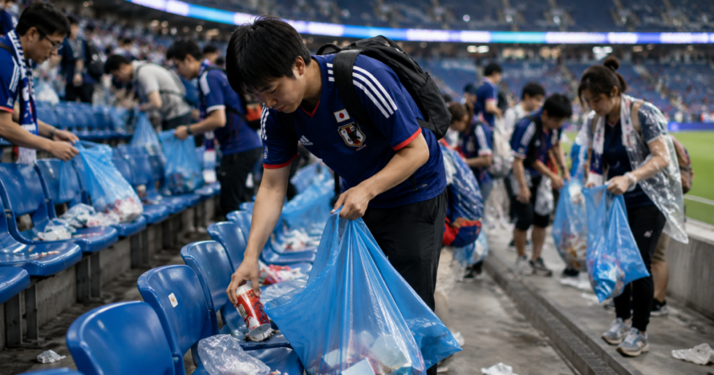Hinchas japoneses recogiendo basura en un estadio de fútbol