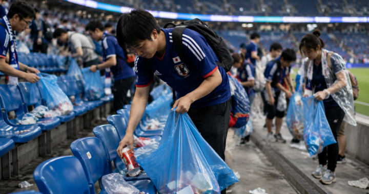 Hinchas japoneses recogiendo basura en un estadio de fútbol