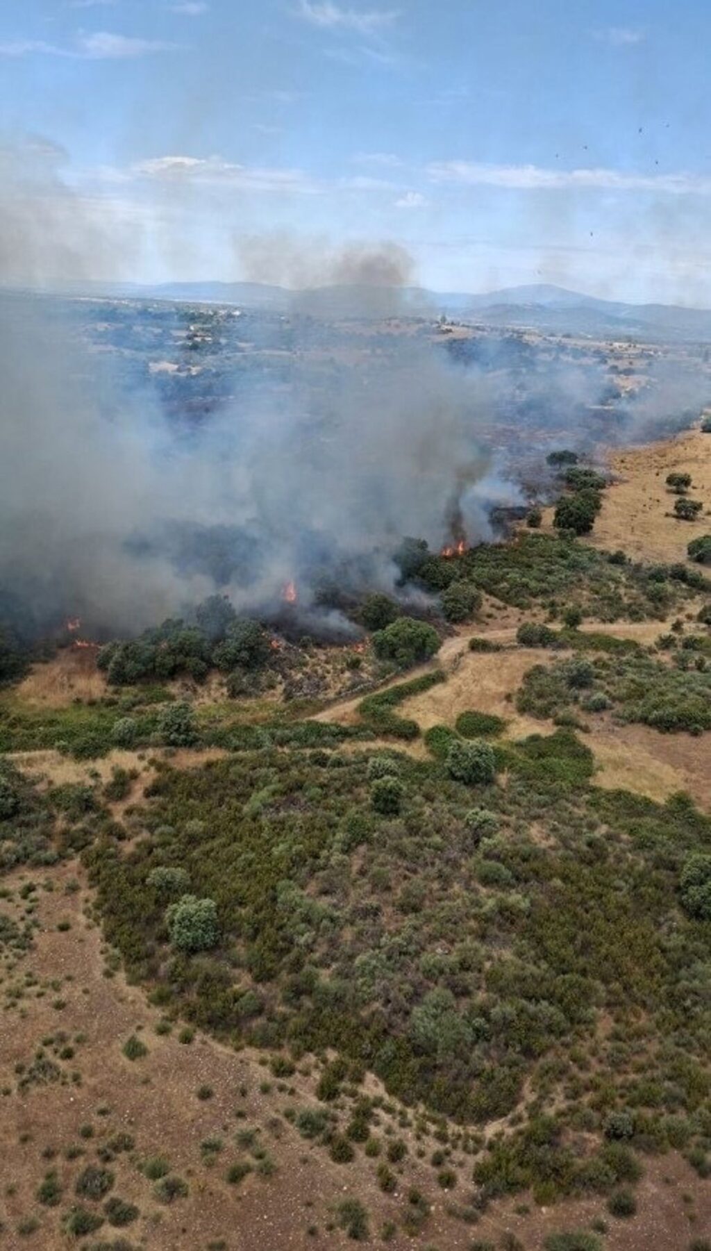 Imagen aérea de un incendio forestal en Pozuelo de Zarzón con medios aéreos y terrestres trabajando