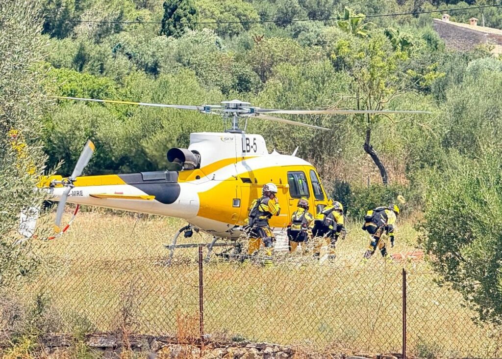Imagen de un incendio forestal en una zona de s'Arracó y Sant Elm, con vehículos de emergencia y personas trabajando en la extinción