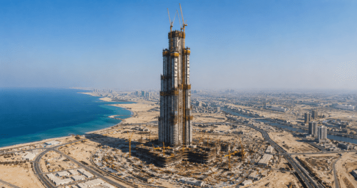 La Torre Jeddah en construcción, superando los 100 pisos de altura en el desierto de Arabia Saudita
