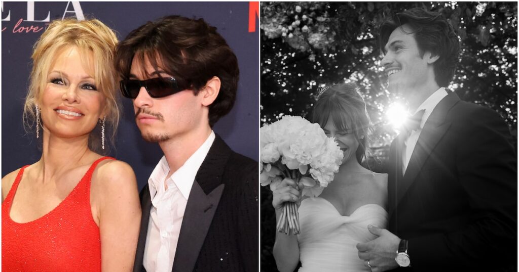 Pamela Anderson y su hijo Dylan en una boda presentada como íntima, pero con detalles que revelan una estrategia de rebranding familiar