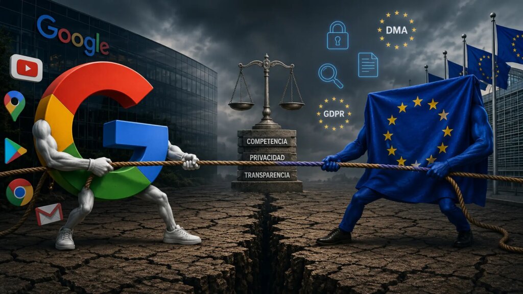 Gráfico comparando la multa de 4.125 millones de euros a Google con sus ingresos anuales, destacando su insignificancia