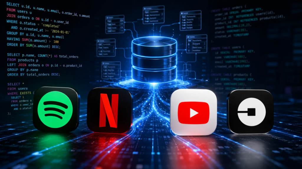 Interfaz de SQL gestionando datos críticos de Netflix y Uber con adaptaciones tecnológicas como Vitess y Trino