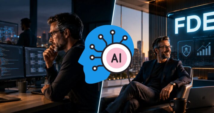 Programador senior frente a pantalla con código y herramientas de IA, simbolizando la adaptación forzada al perfil FDE