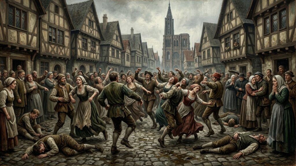 Multitud bailando en las calles de Estrasburgo 1518, escena que desafía las explicaciones médicas convencionales