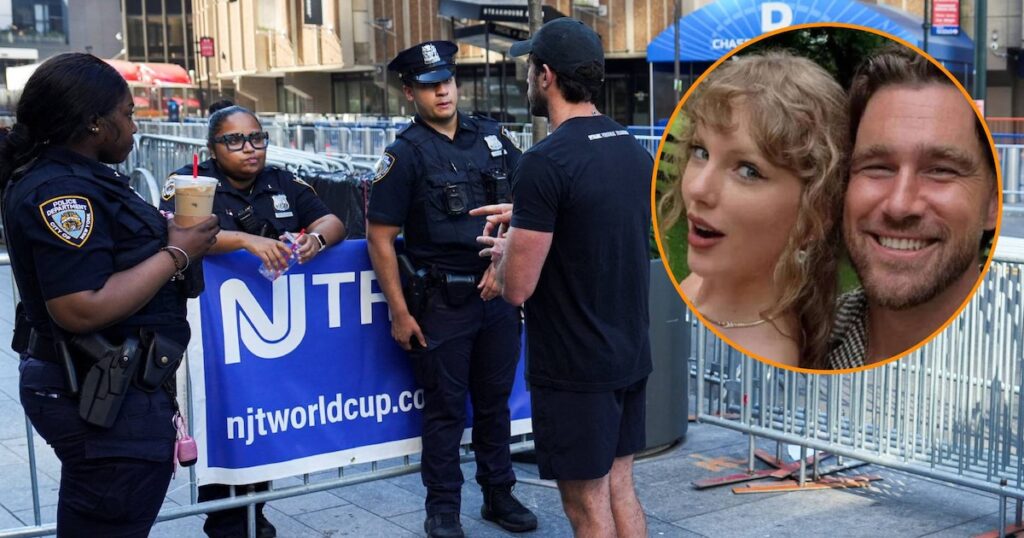 Agentes del NYPD desplegados en calles cerradas del MSG para un evento masivo, no por Swift sino por protocolo estándar
