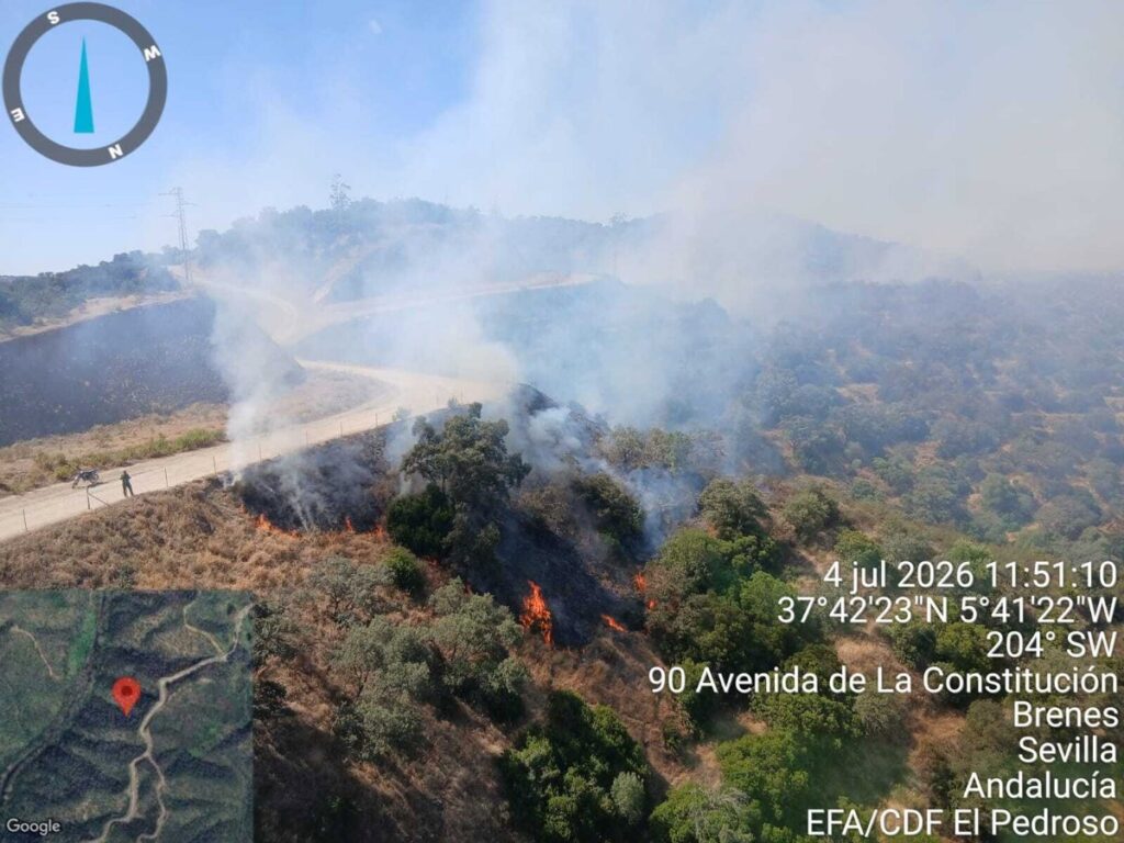 Equipos de bomberos trabajando en el incendio de Villanueva del Río y Minas con vegetación humeante, análisis crítico de riesgos